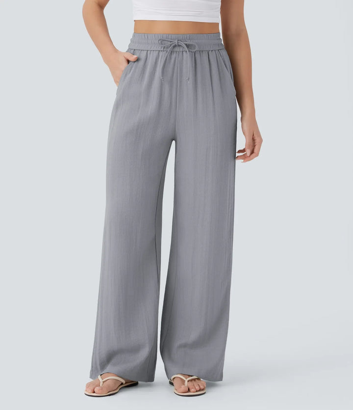 High Waisted Drawstring Pocket Wide Leg Casual Linen-Feel Trousers