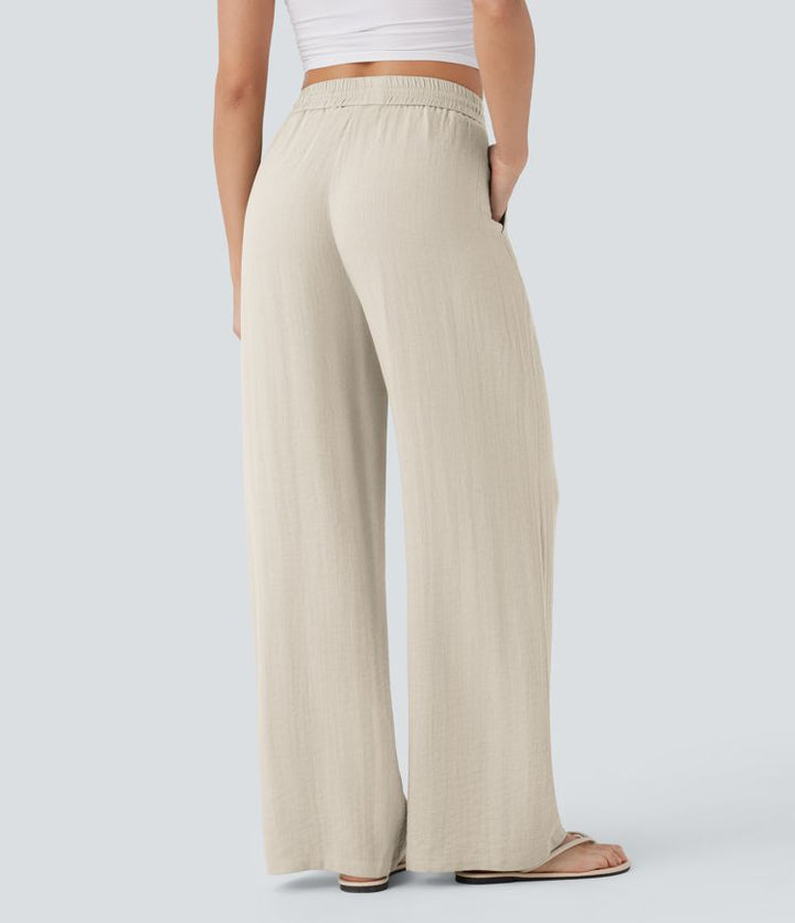 High Waisted Drawstring Pocket Wide Leg Casual Linen-Feel Trousers
