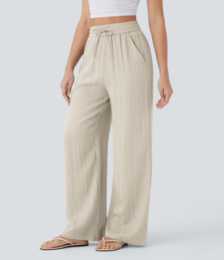 High Waisted Drawstring Pocket Wide Leg Casual Linen-Feel Trousers