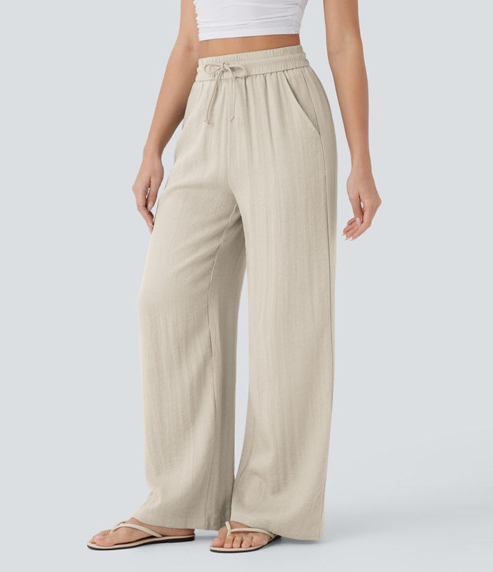High Waisted Drawstring Pocket Wide Leg Casual Linen-Feel Trousers