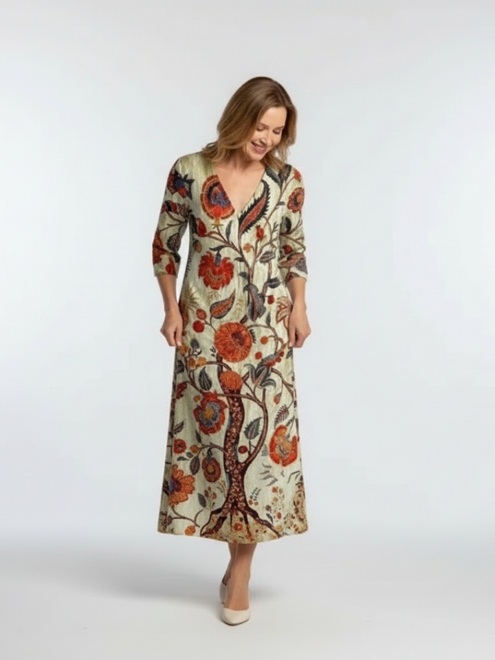 CORISANDE | V NECK LONG SLEEVE FLORAL MIDI DRESS
