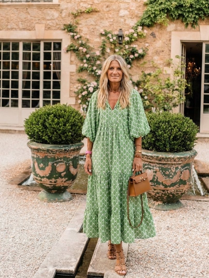 APOLLINE | THREE-QUARTER SLEEVE V-NECK PATTERNED MIDI DRESS