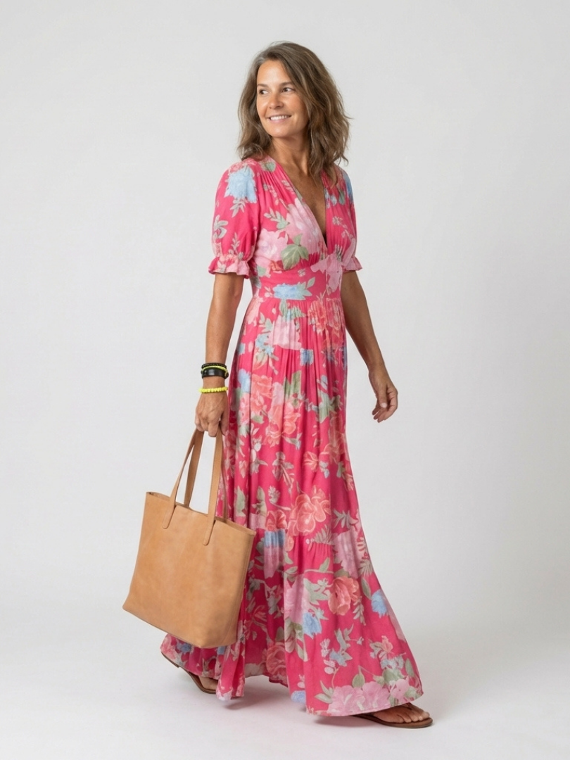 IONE | SHORT SLEEVE V NECK FLORAL MIDI DRESS