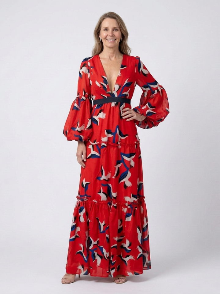ISOLDE | V NECK TIE WAIST LONG SLEEVE MAXI DRESS